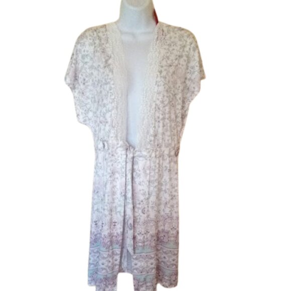 LA VIE EN ROSE White Floral Robe w Lace Small / Medium  --- - Picture 1 of 7